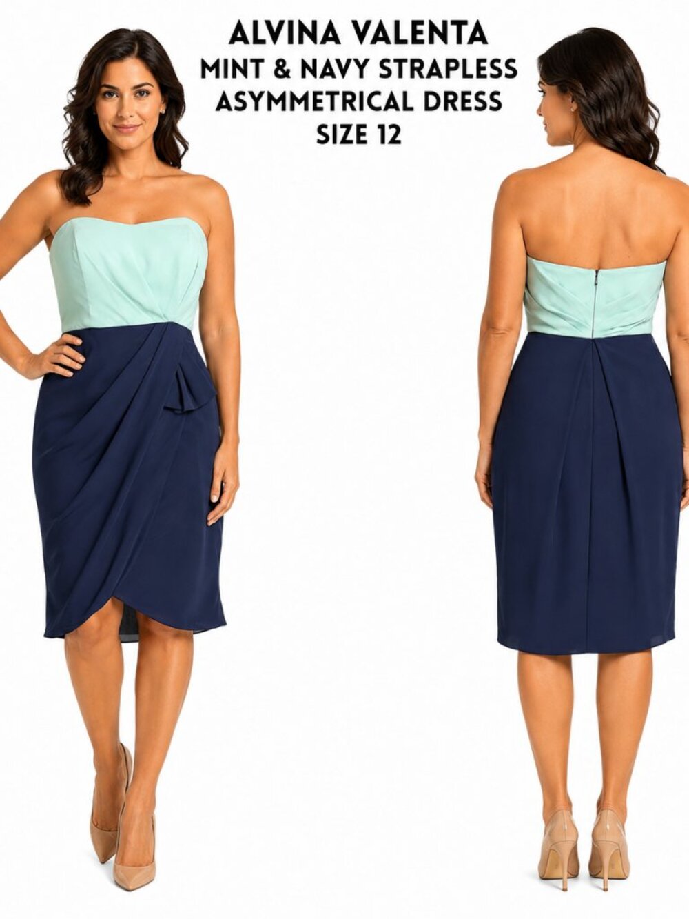 ALVINA VALENTA MINT & NAVY STRAPLESS ASYMMETRICAL COCKTAIL DRESS SIZE 12